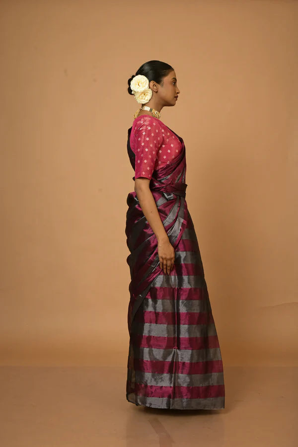 Abhilasha - Silver and Red Stripes Handloom Tissue Saree