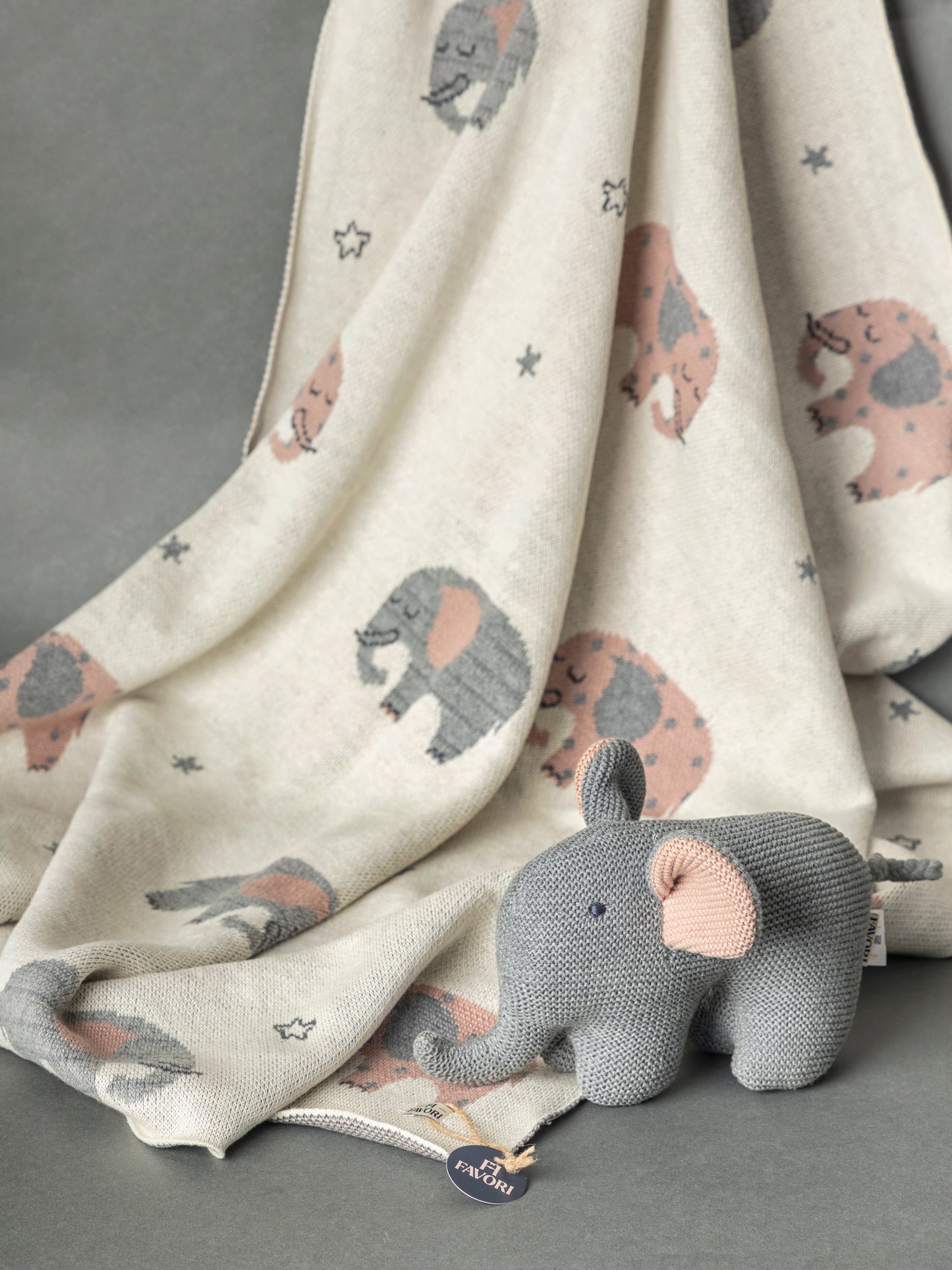 Baby Blanket with Elephant Toy, 100% Cotton Knitted