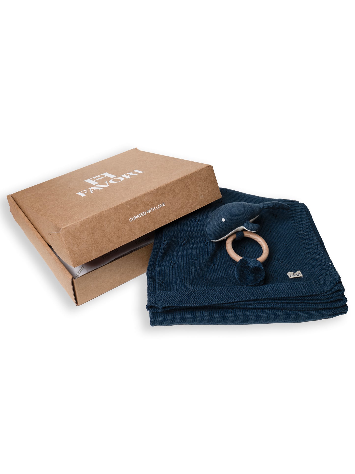 Baby Blanket with Fish Rattle, 100% Cotton Knitted Pointelle in Marine Blue