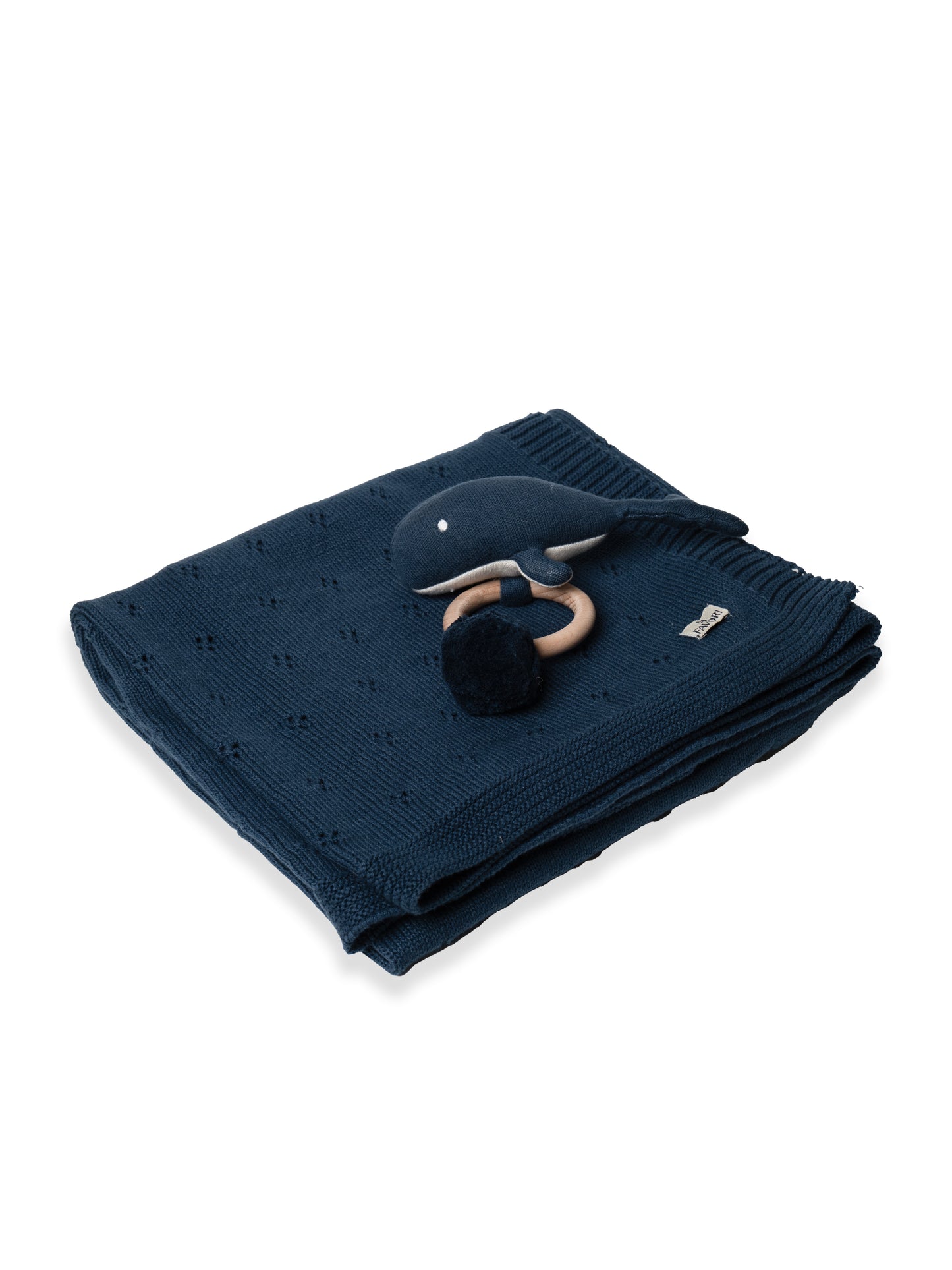 Baby Blanket with Fish Rattle, 100% Cotton Knitted Pointelle in Marine Blue