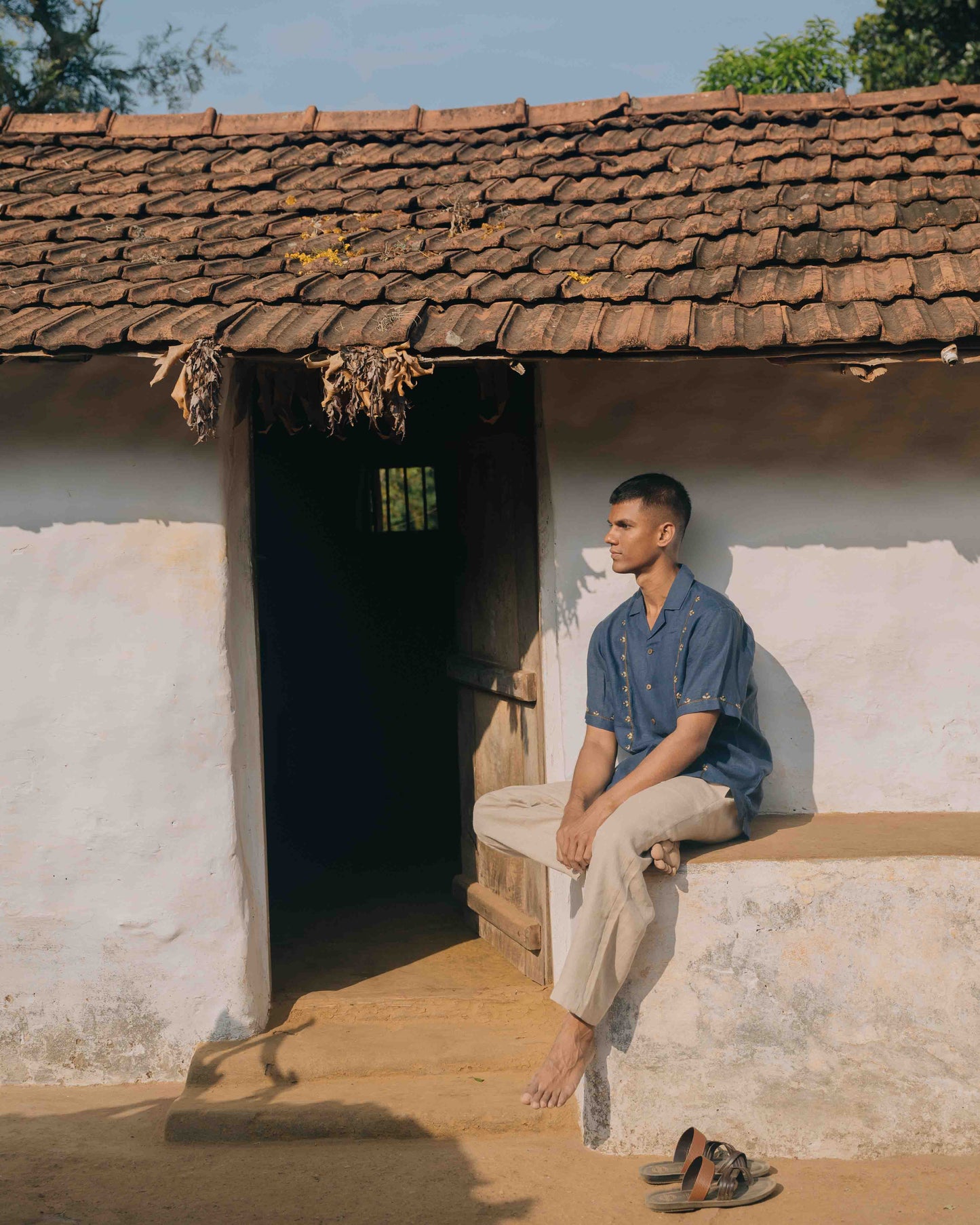 Buds in Blue Linen Shirt