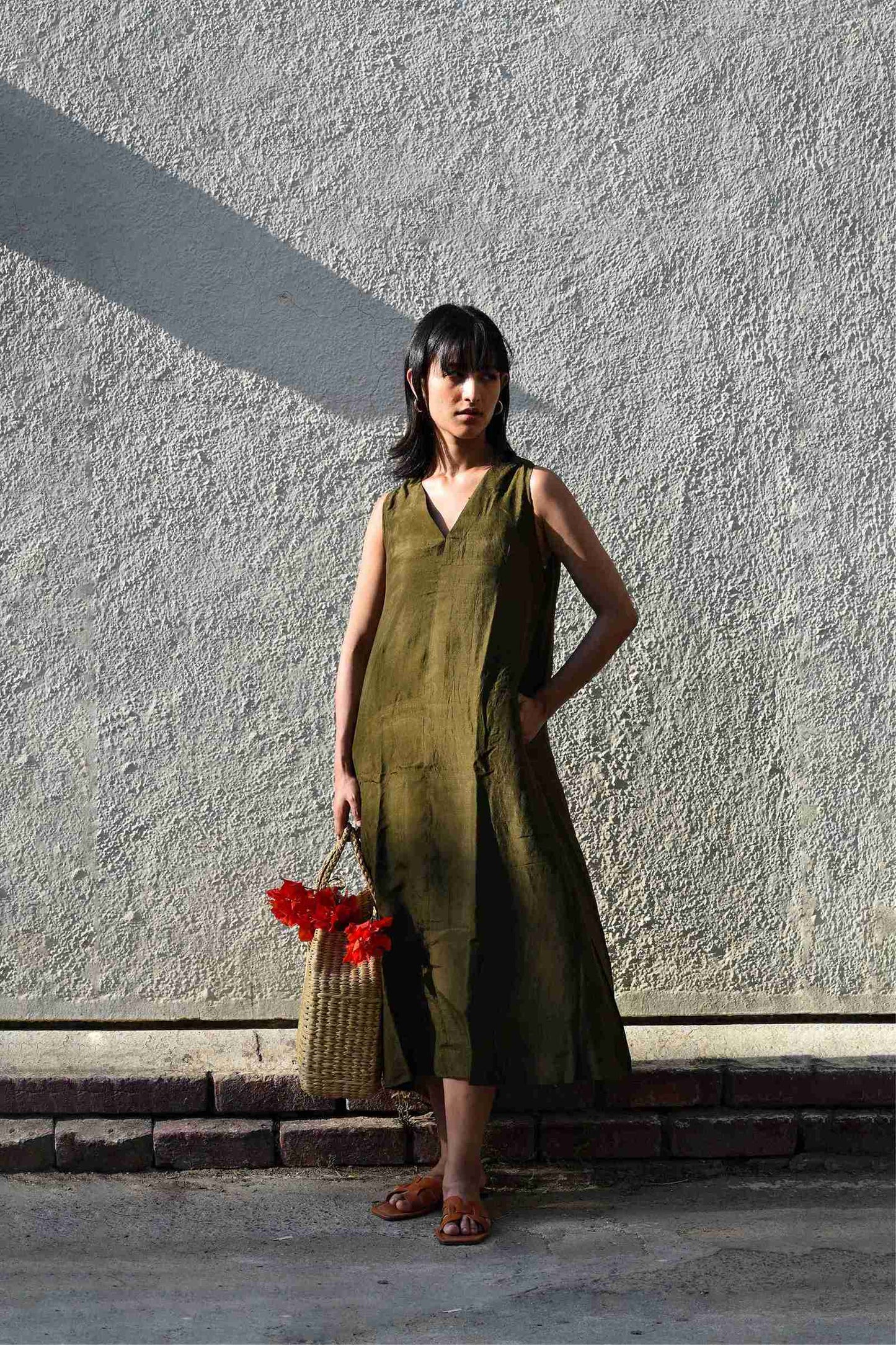 Sleeveless Silk Dress - Olive