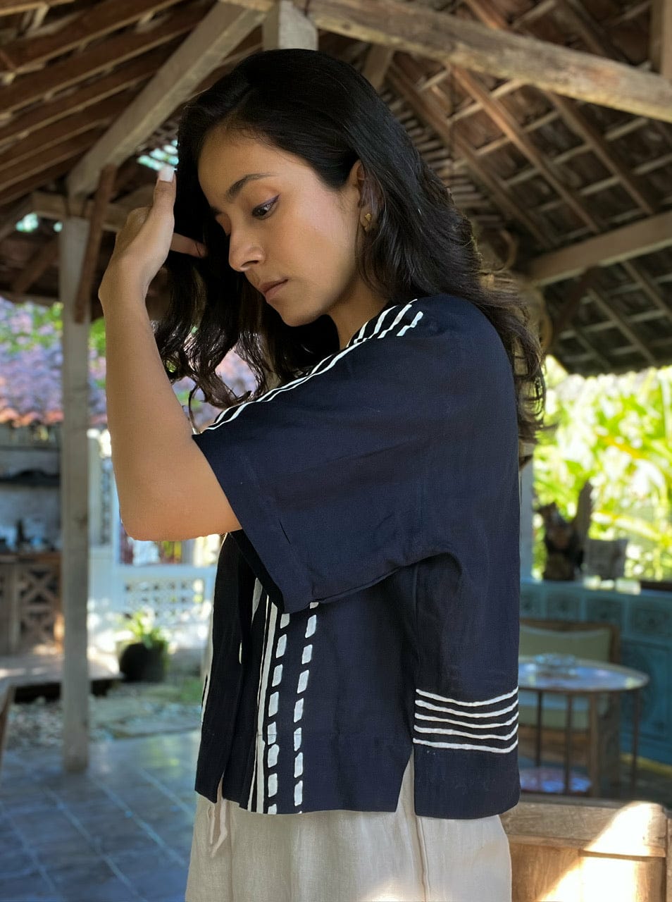 Dabu Crop Shirt in Mul Cotton