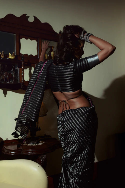Arcane Sorceress - Black Handloom Cotton and Zari Stripes Saree