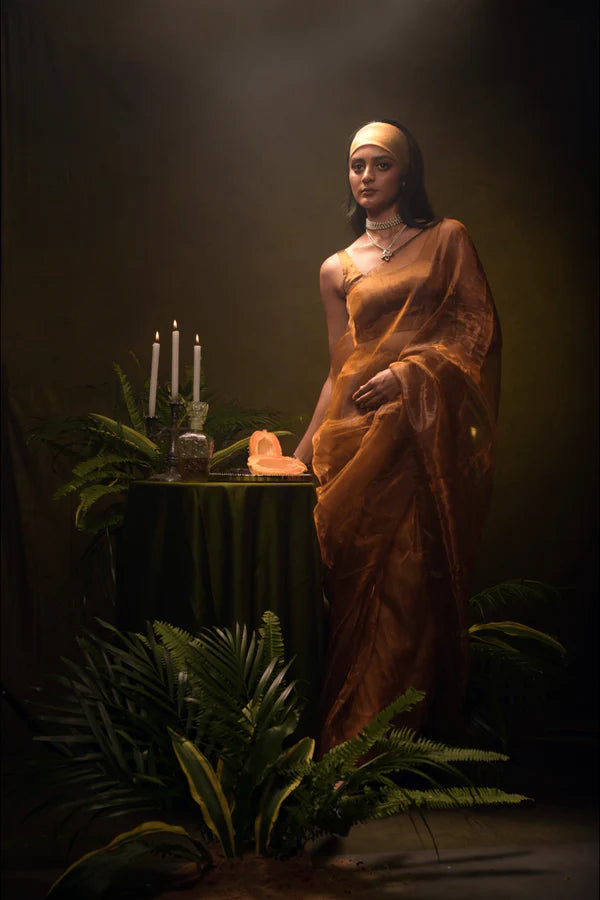 Champagne Cascade - Golden Organza Tissue Saree