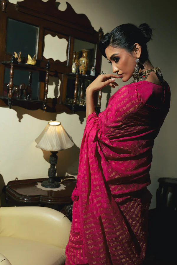 Twin Relam - Pink Handloom Cotton Saree with Zari Stripes and Scalloped Border