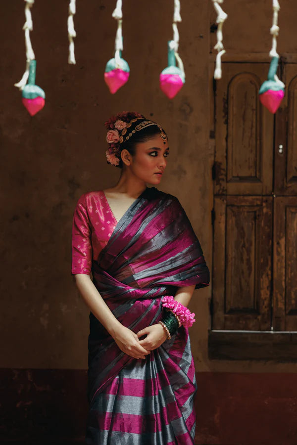 Abhilasha - Silver and Red Stripes Handloom Tissue Saree