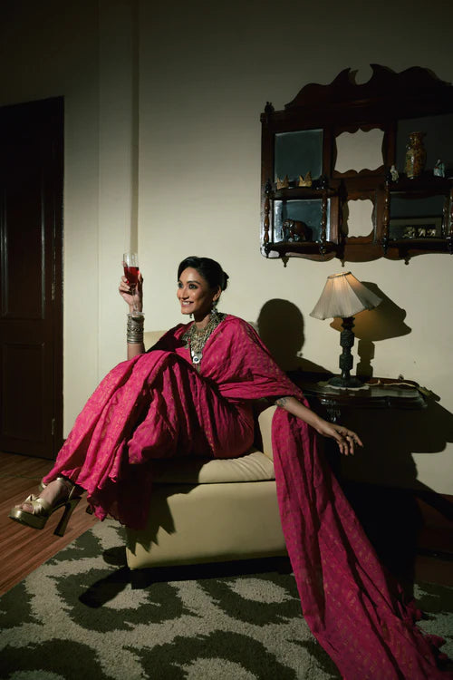 Twin Relam - Pink Handloom Cotton Saree with Zari Stripes and Scalloped Border