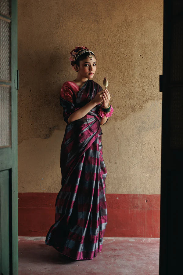 Abhilasha - Silver and Red Stripes Handloom Tissue Saree