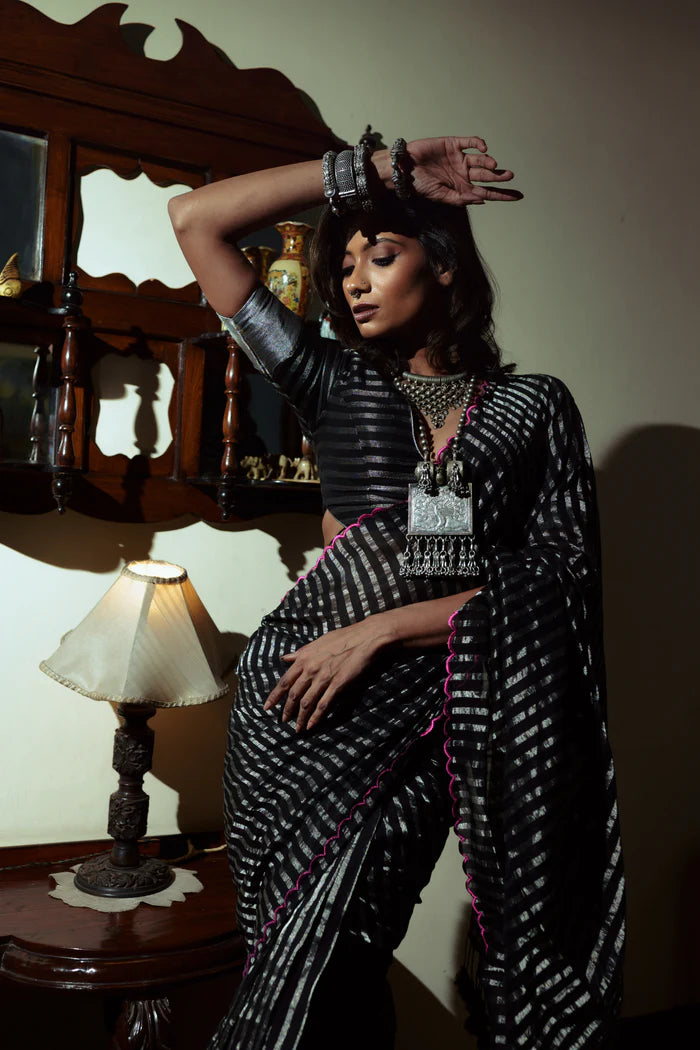 Arcane Sorceress - Black Handloom Cotton and Zari Stripes Saree