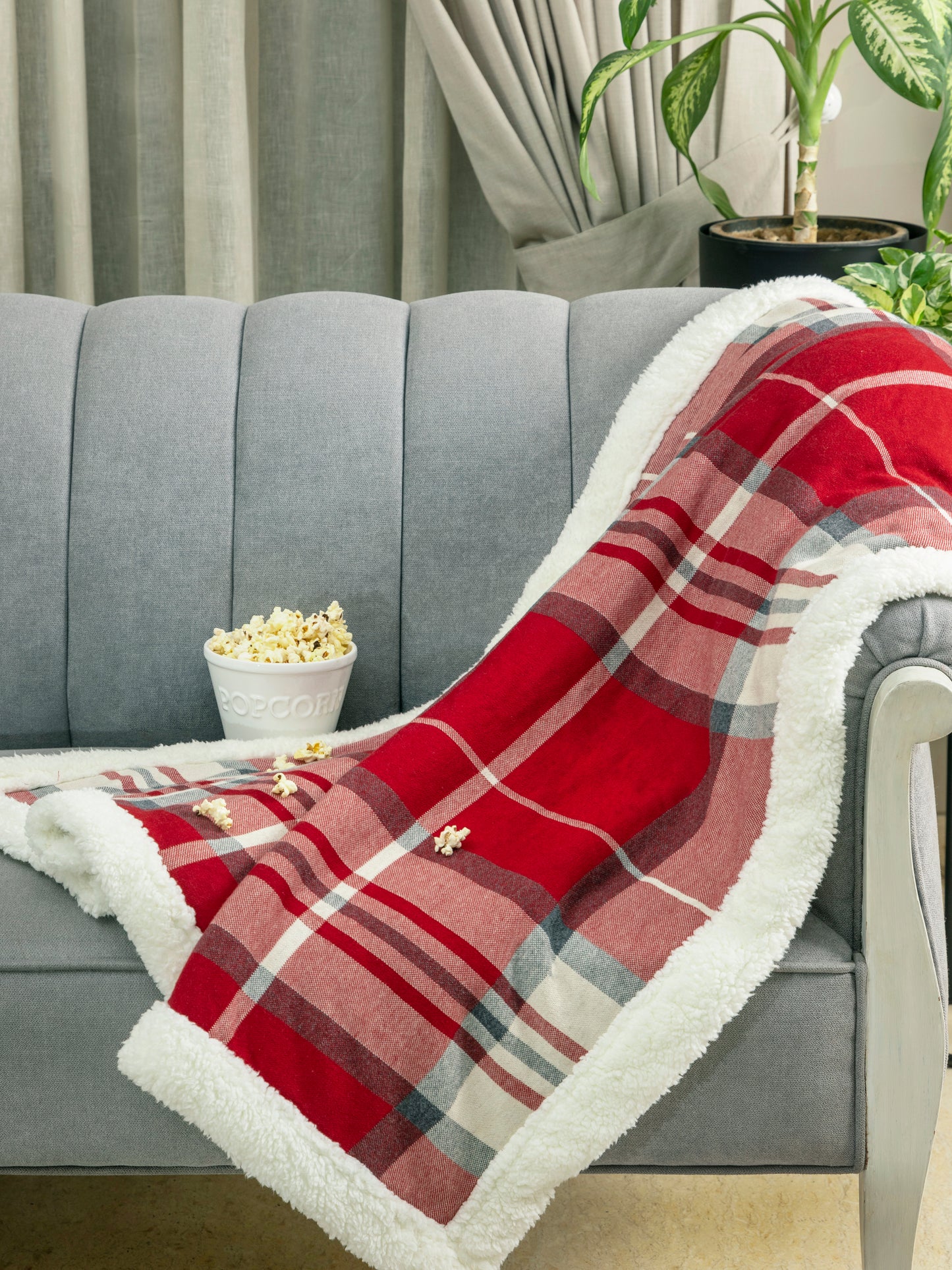 Cotton Knitted Check Design Blanket with Sherpa for Kids