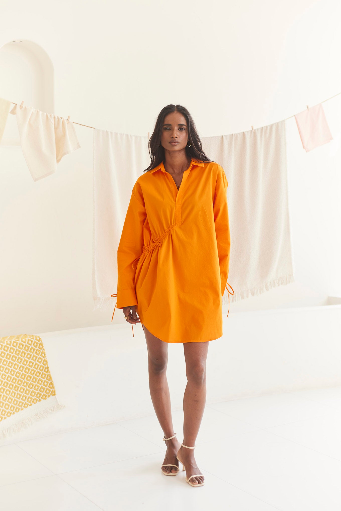 Orange Drawstring Shirt Dress