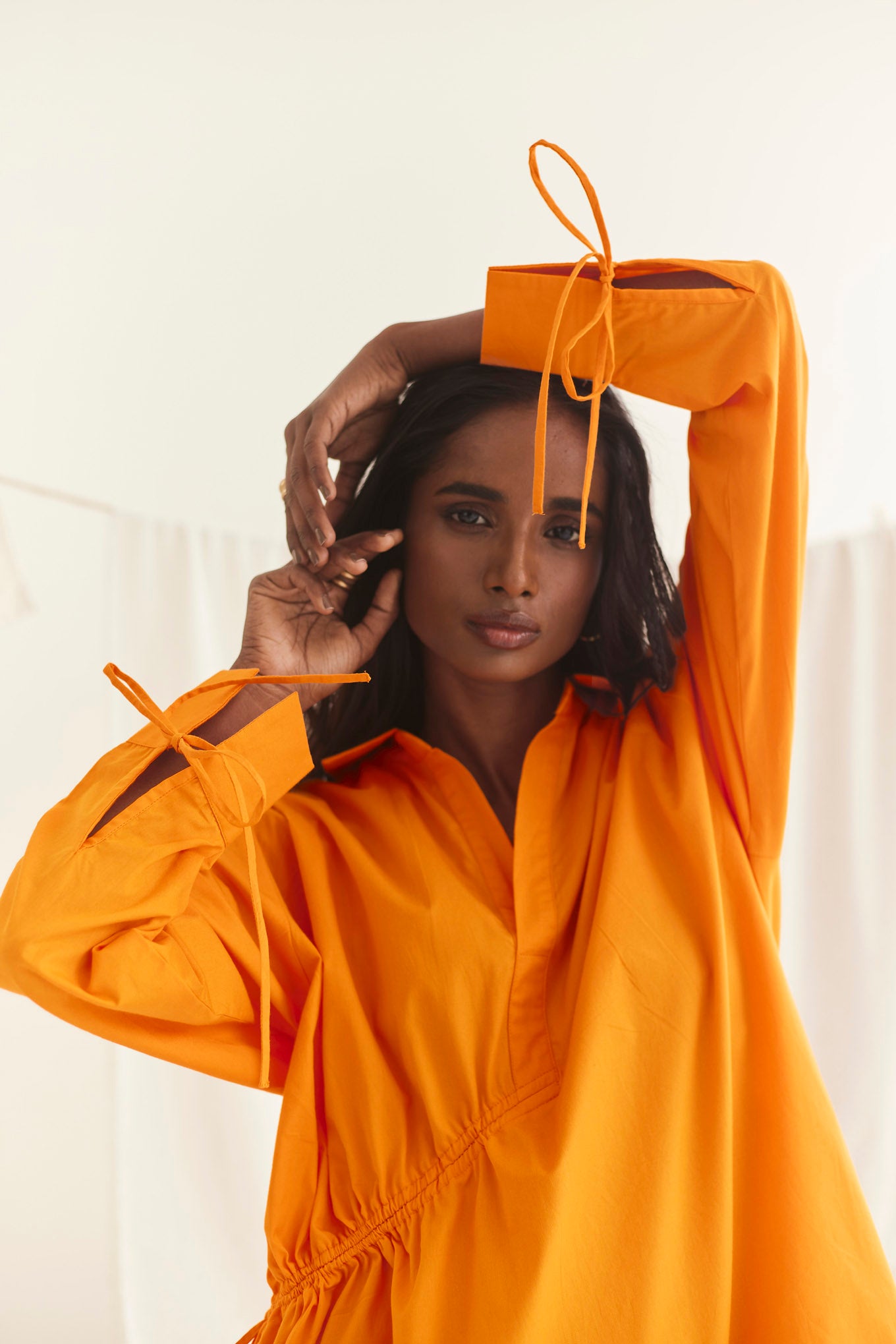 Orange Drawstring Shirt Dress