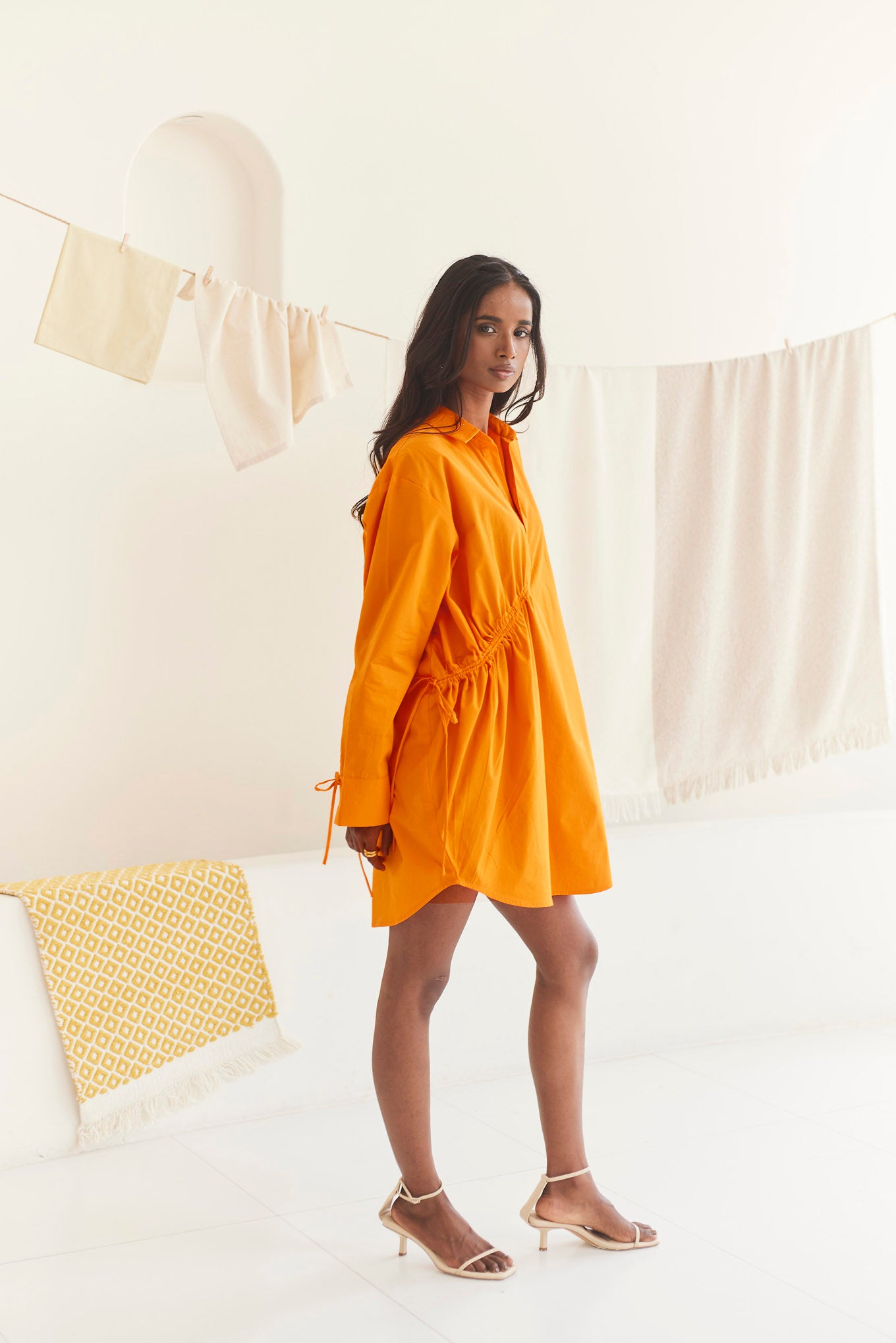 Orange Drawstring Shirt Dress