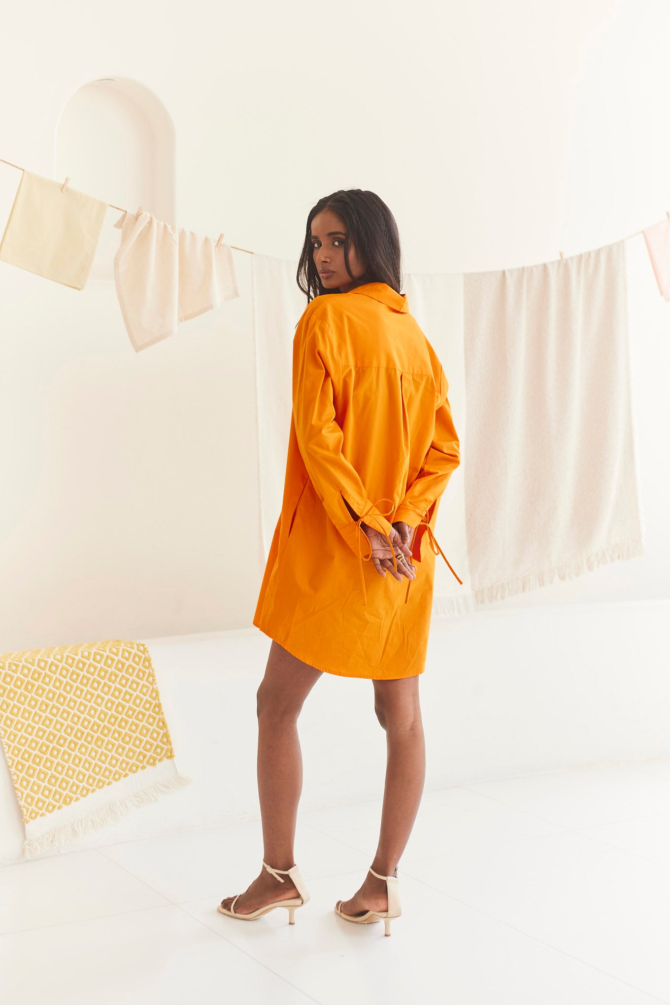 Orange Drawstring Shirt Dress