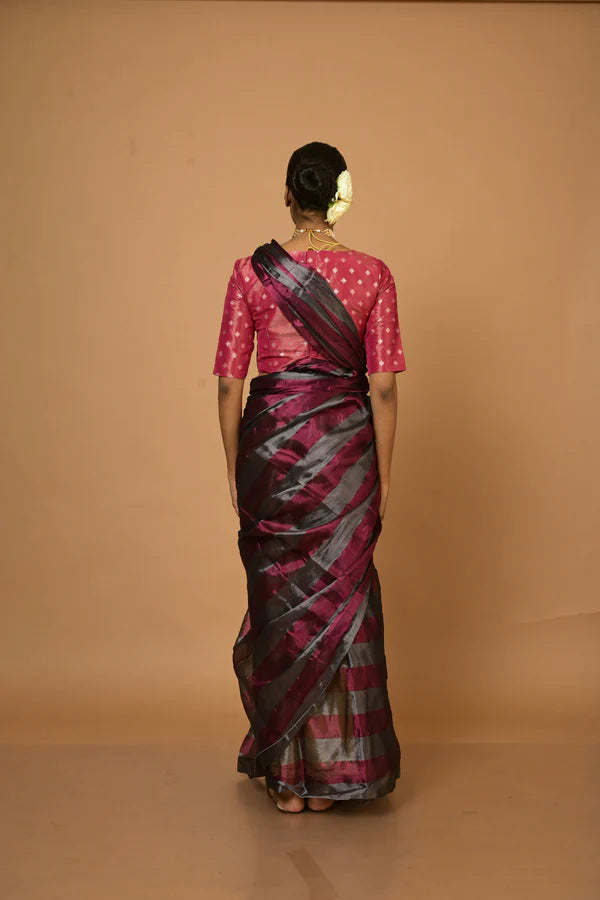 Abhilasha - Silver and Red Stripes Handloom Tissue Saree