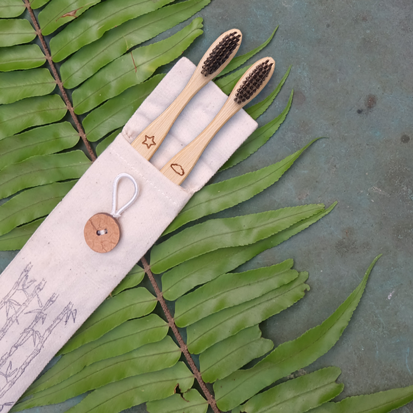 Bamboo Toothbrush with Handmade Pouch