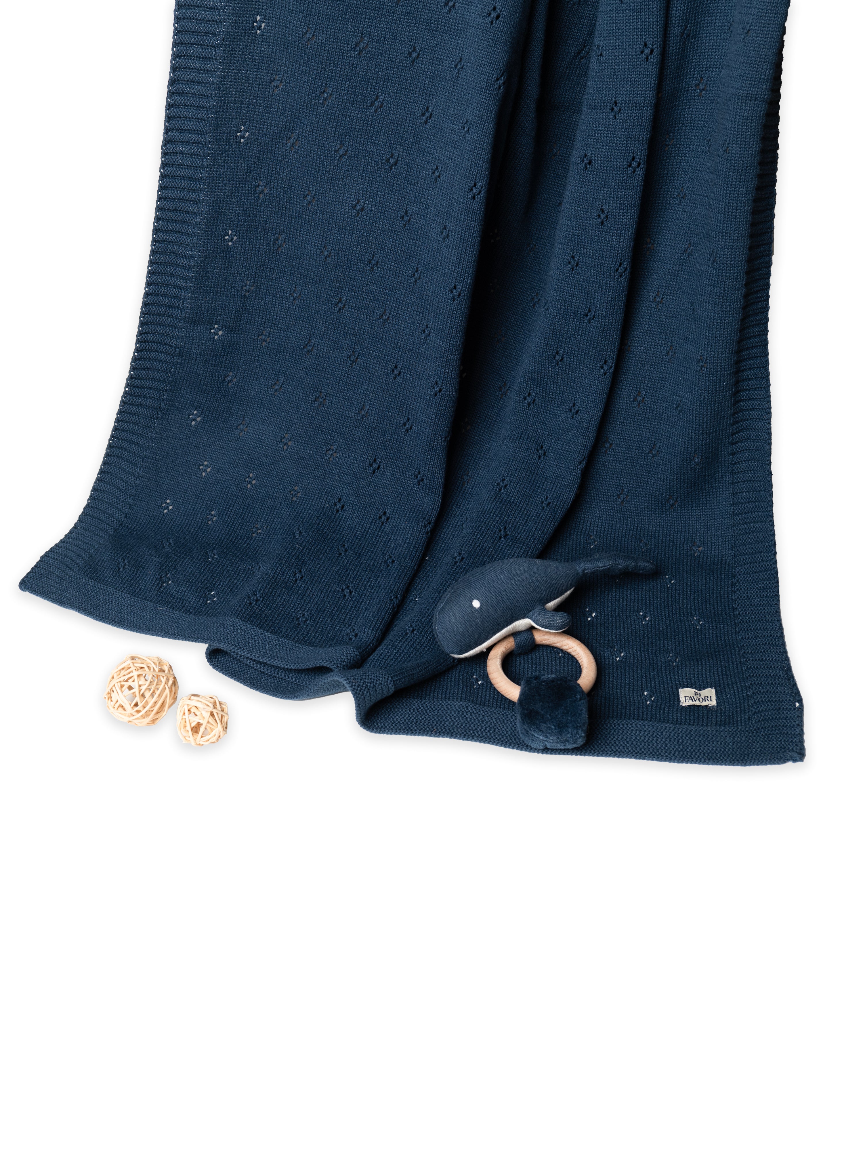 Baby Blanket with Fish Rattle, 100% Cotton Knitted Pointelle in Marine Blue