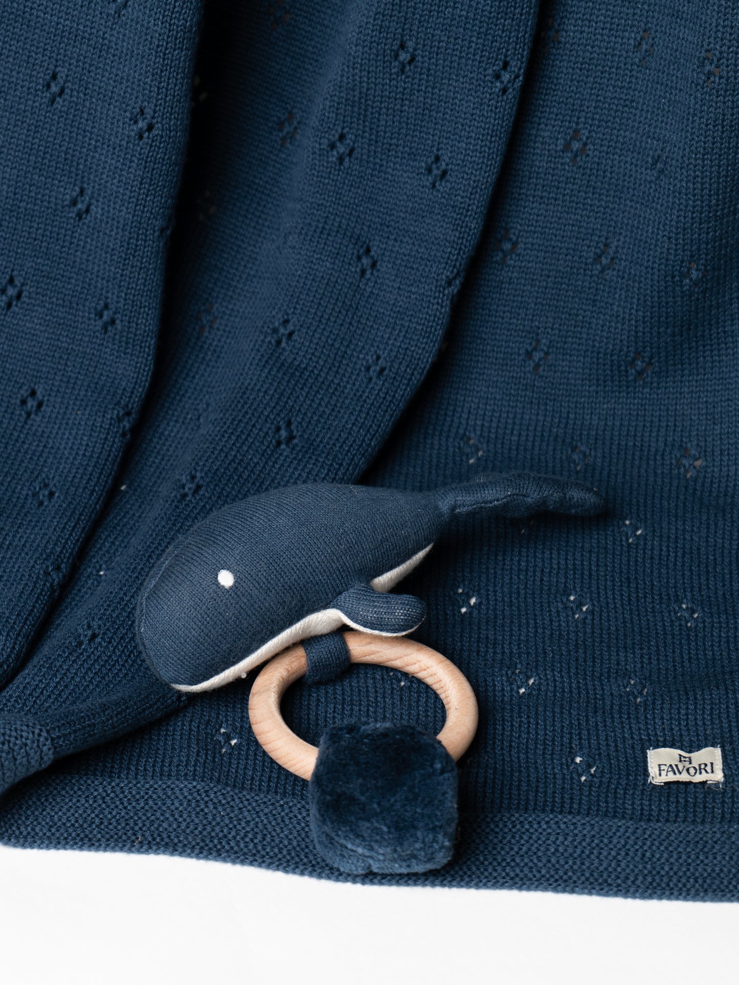 Baby Blanket with Fish Rattle, 100% Cotton Knitted Pointelle in Marine Blue