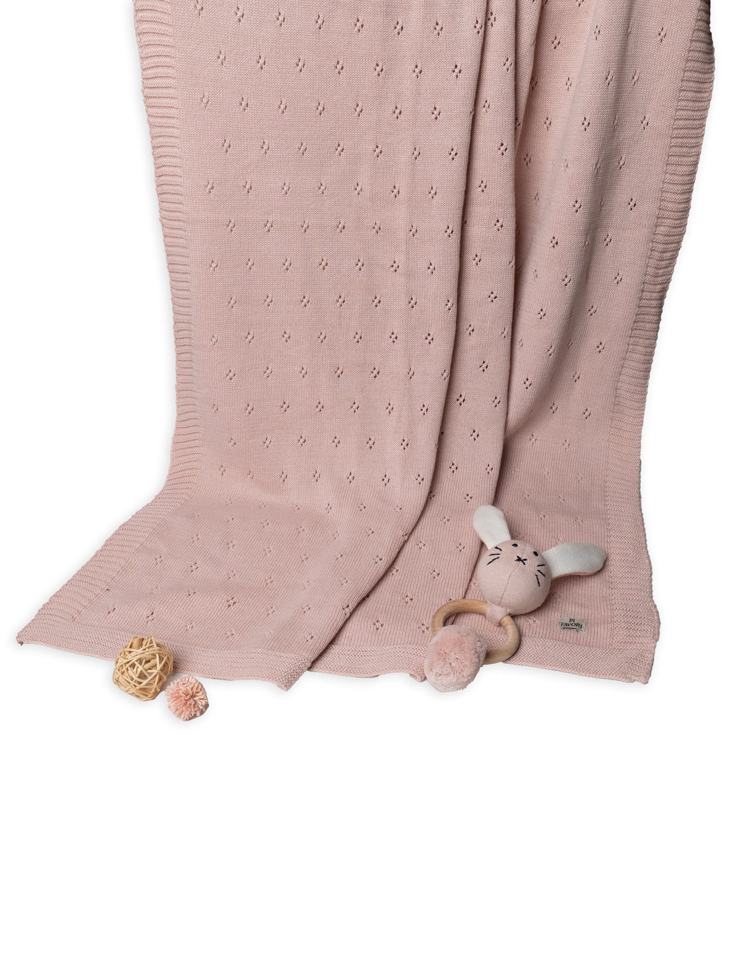Baby Blanket with Rabbit Rattle, 100% Cotton Knitted Pointelle in Blush Pink