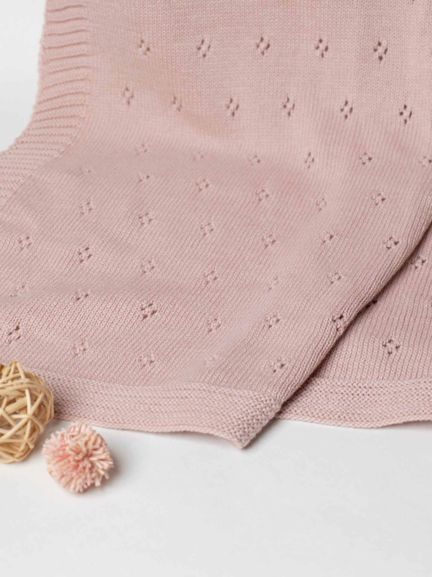 Baby Blanket with Rabbit Rattle, 100% Cotton Knitted Pointelle in Blush Pink