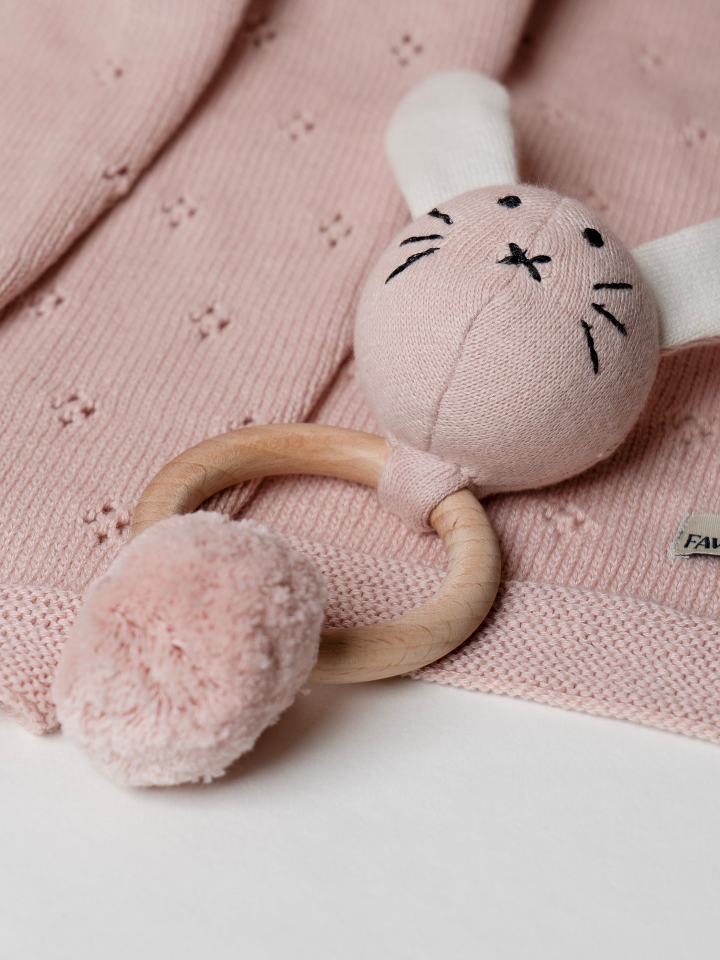 Baby Blanket with Rabbit Rattle, 100% Cotton Knitted Pointelle in Blush Pink