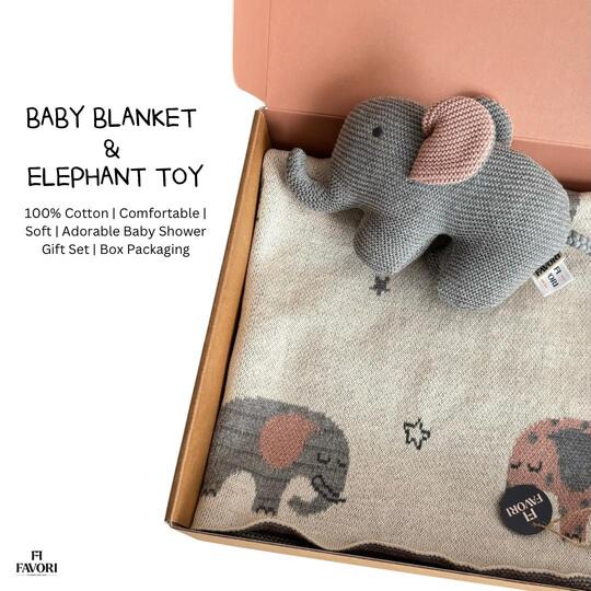 Baby Blanket with Elephant Toy, 100% Cotton Knitted