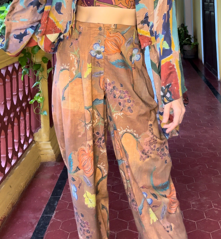 Brown Floral Dart Pants