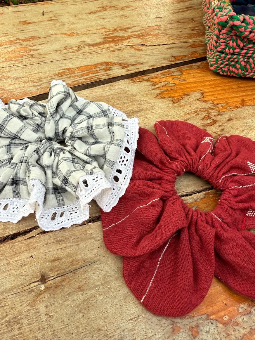 Red Flower and Checkered Lace Scrunchies