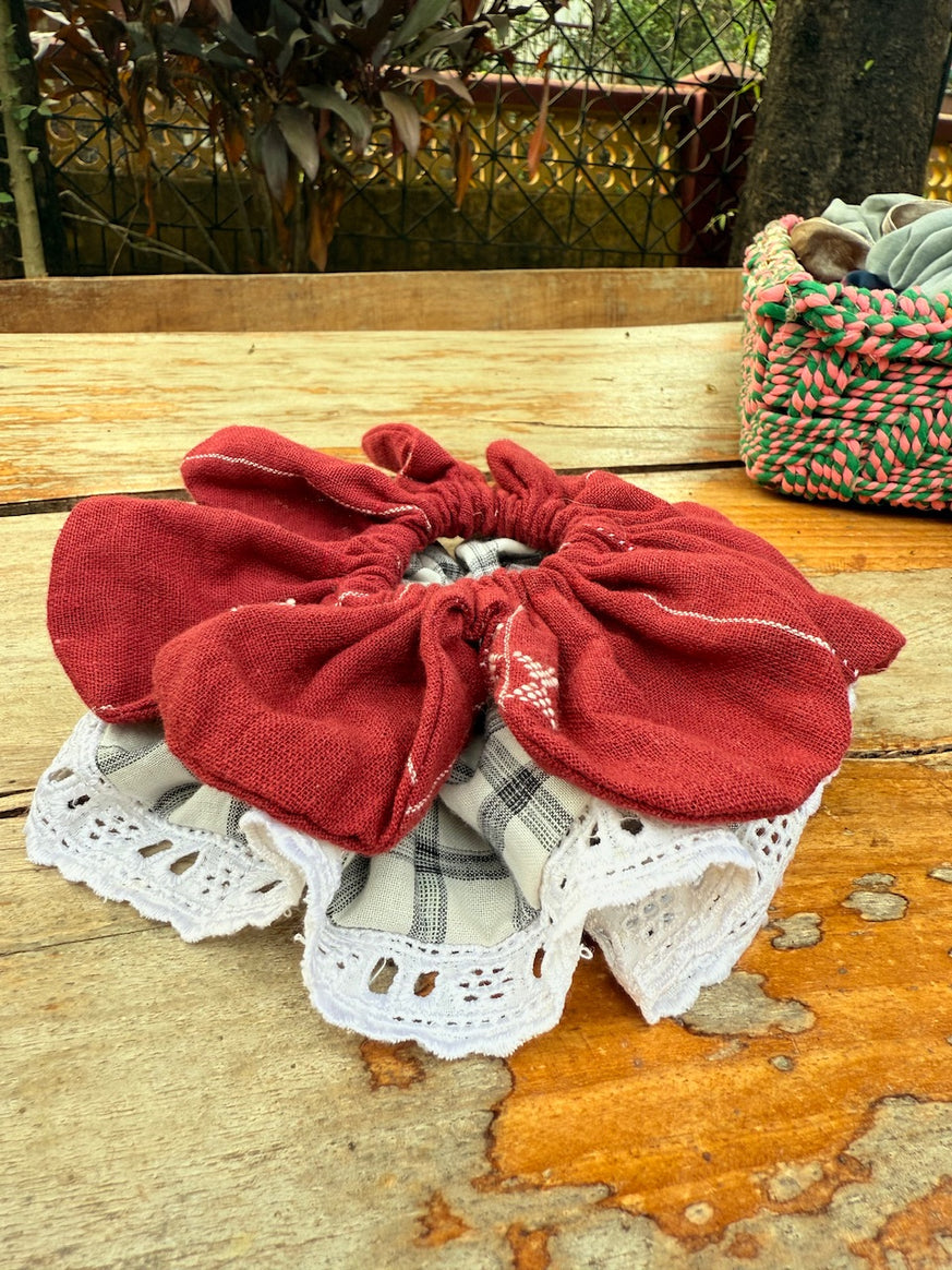 Red Flower and Checkered Lace Scrunchies