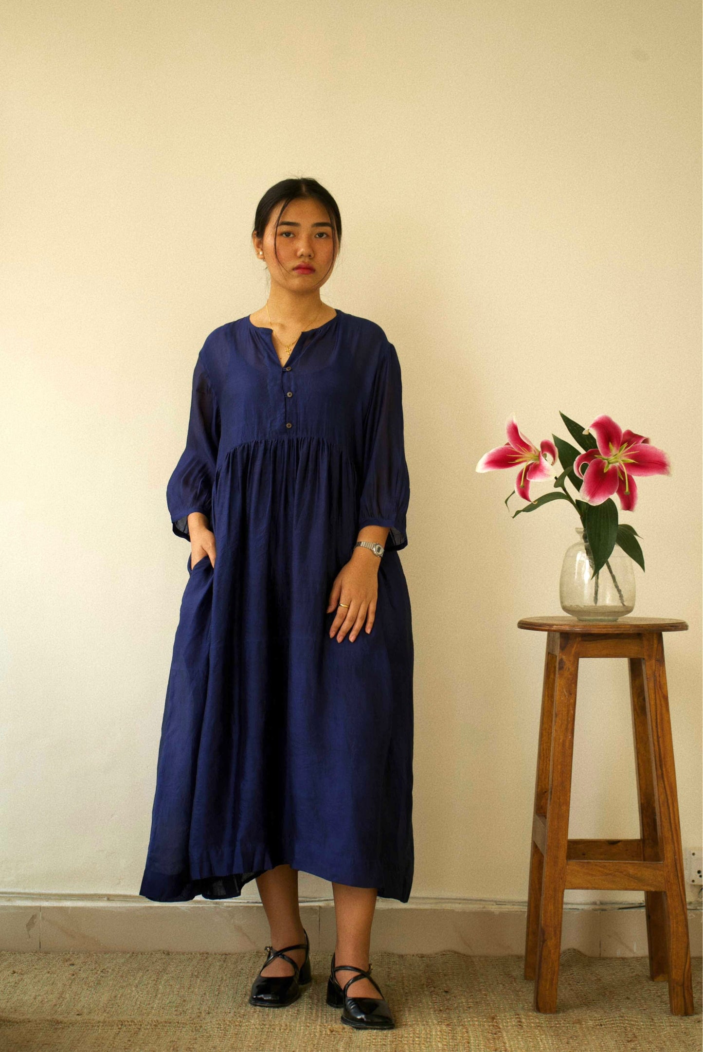 Navy Organza Silk Dress
