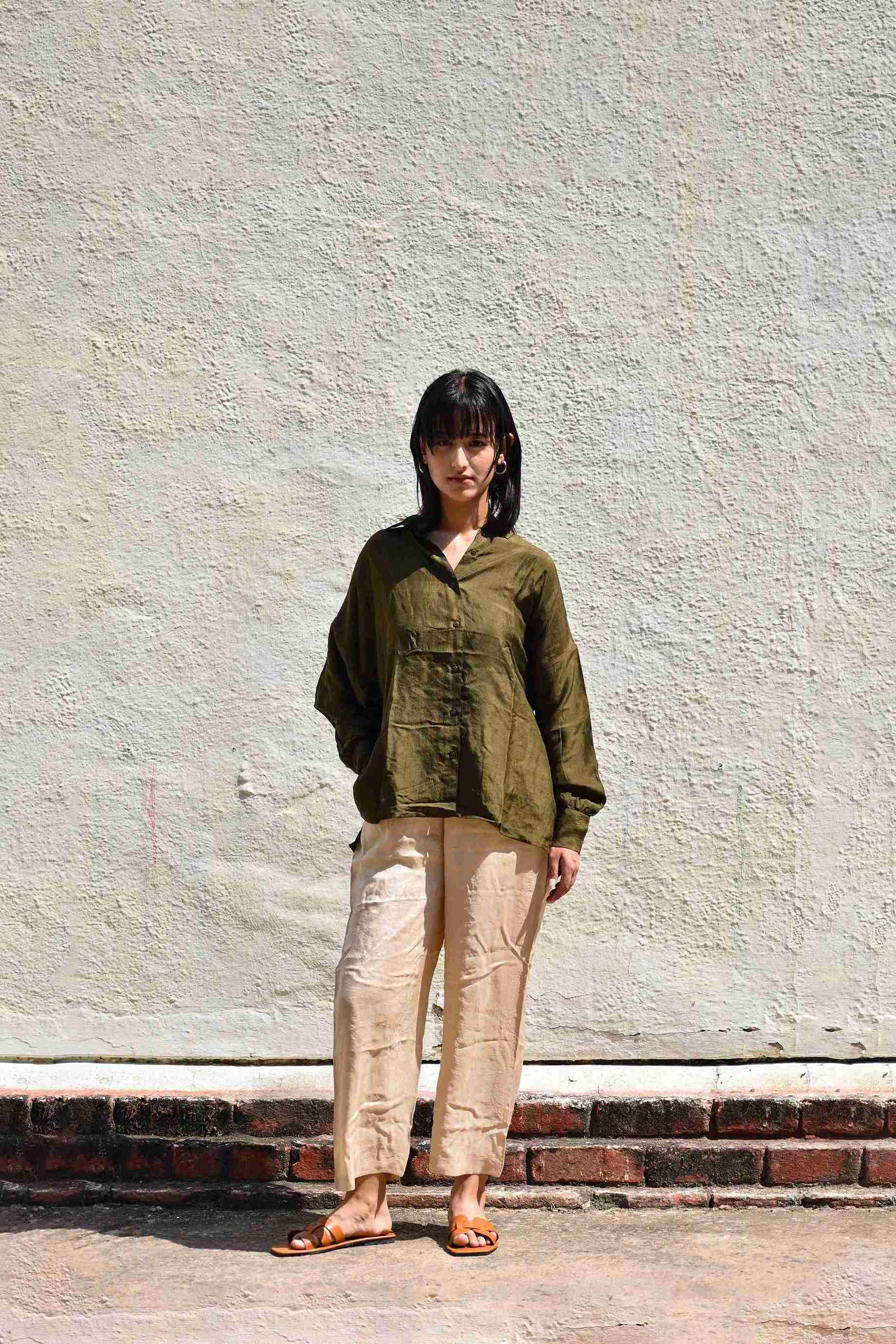Silk Oversized Shirt - Olive