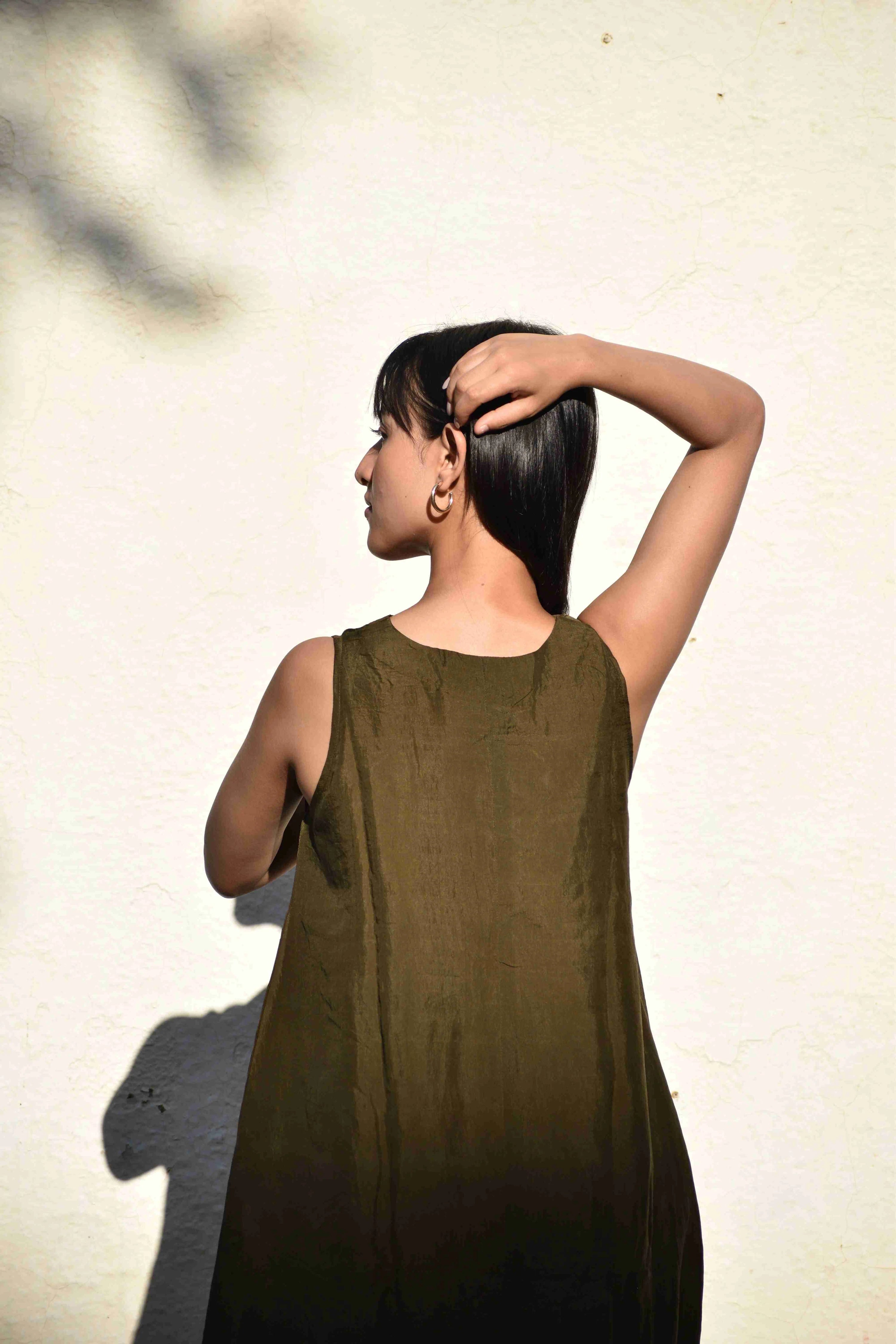 Sleeveless Silk Dress - Olive