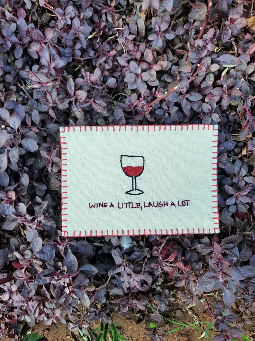 Wine a Little, Laugh a Lot Hand-Embroidered Postcard