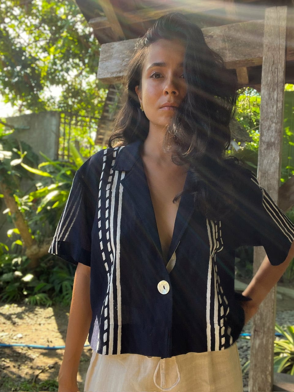 Dabu Crop Shirt in Mul Cotton