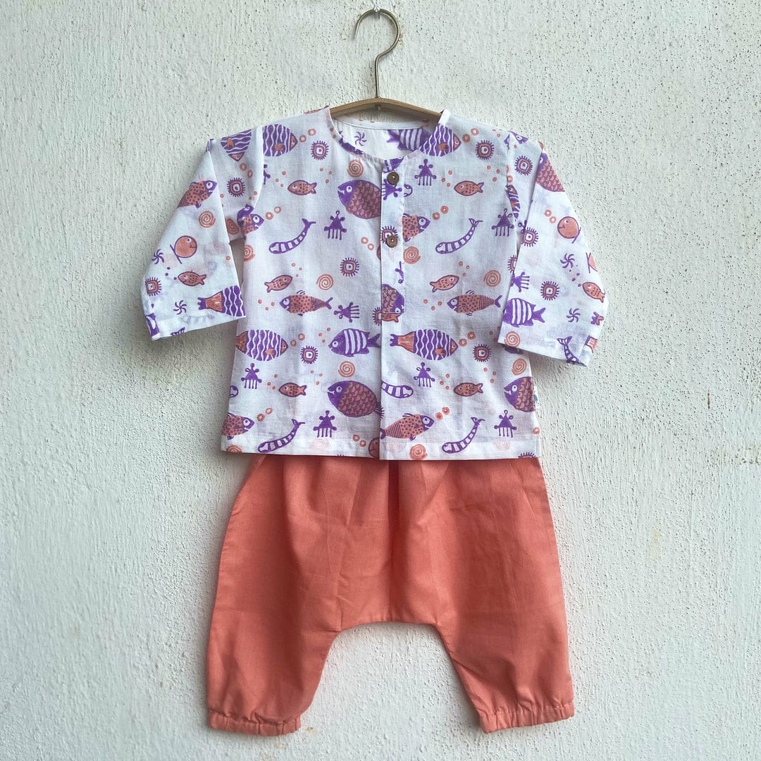 Organic Cotton Unisex Peach Koi Kurta and Pyjama Pants Set