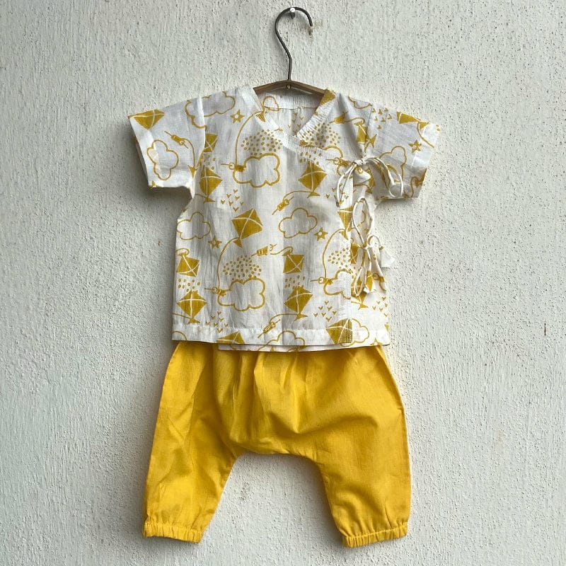 Organic Cotton Unisex Yellow Patang Angarakha and Pyjama Pants Set