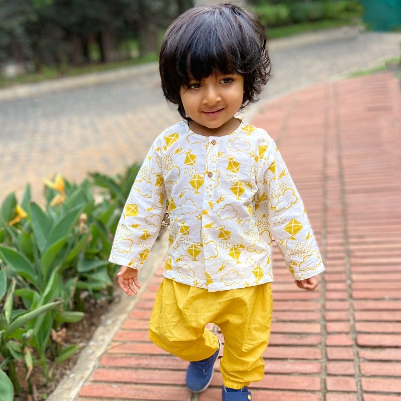 Organic Cotton Unisex Yellow Patang Kurta and Pyjama Pants Set