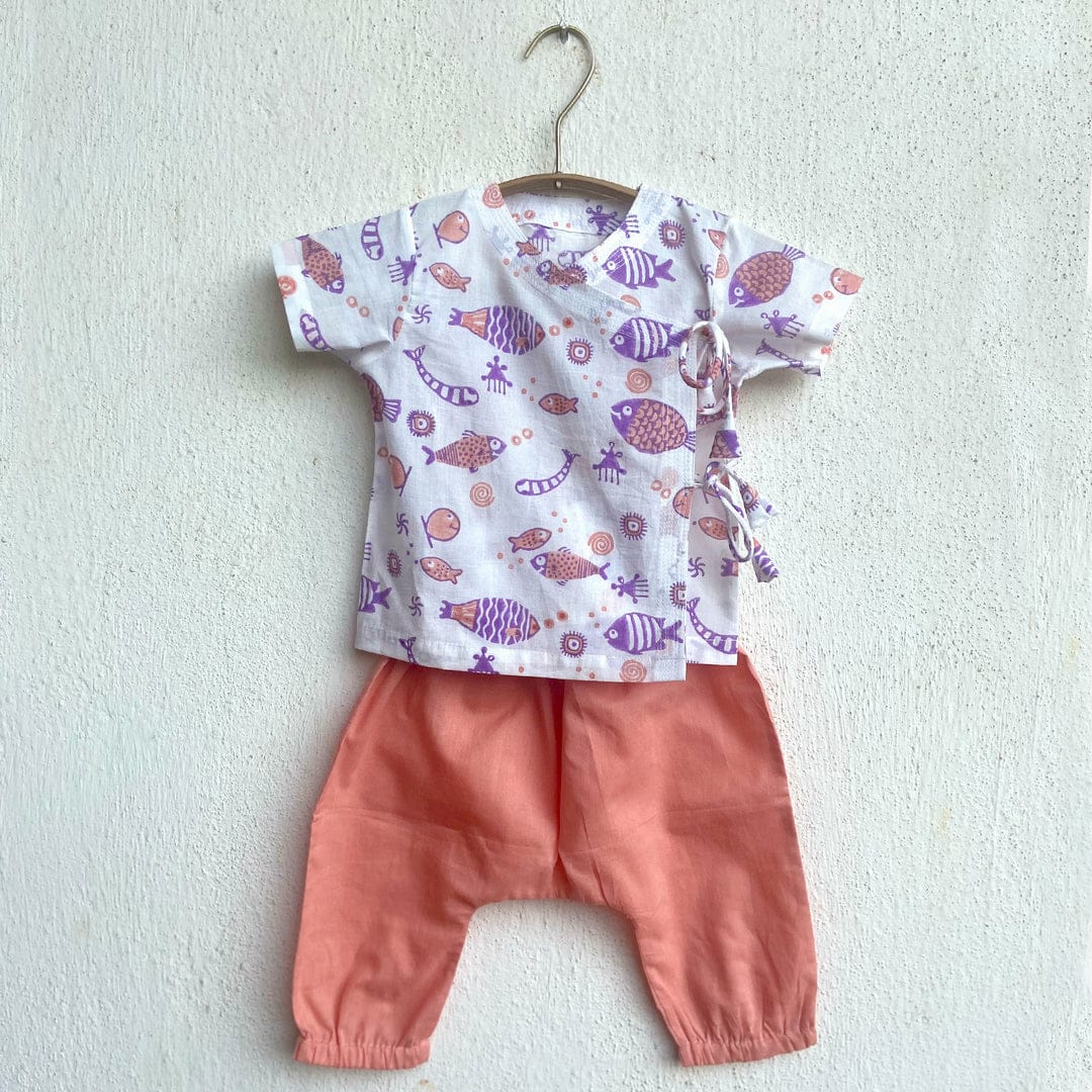 Organic Cotton Unisex Peach Koi Angarakha and Pyjama Pants Set