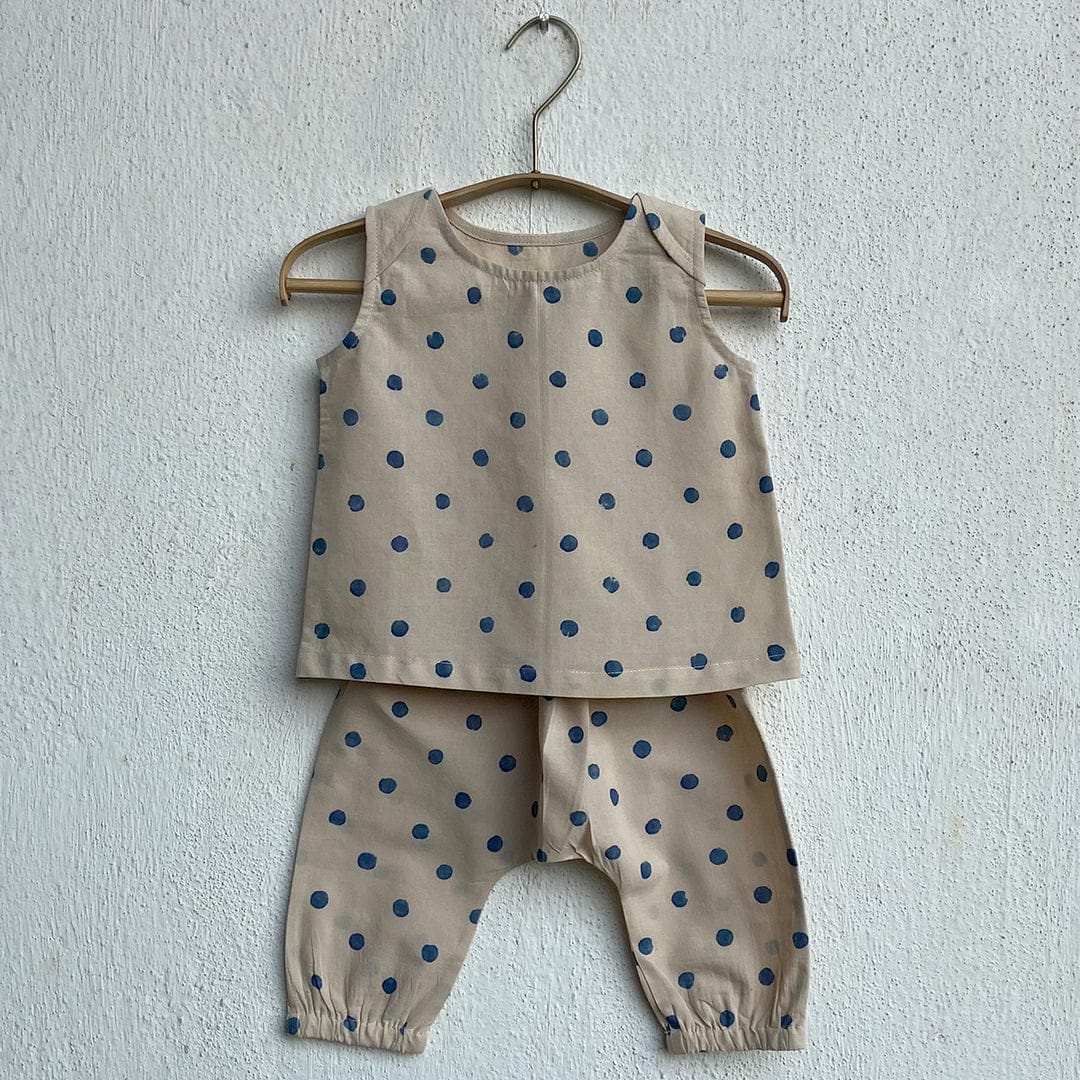 Organic Cotton Unisex Co-ord Set - Indigo Beige Polka Jhabla and Pajama Pants Set