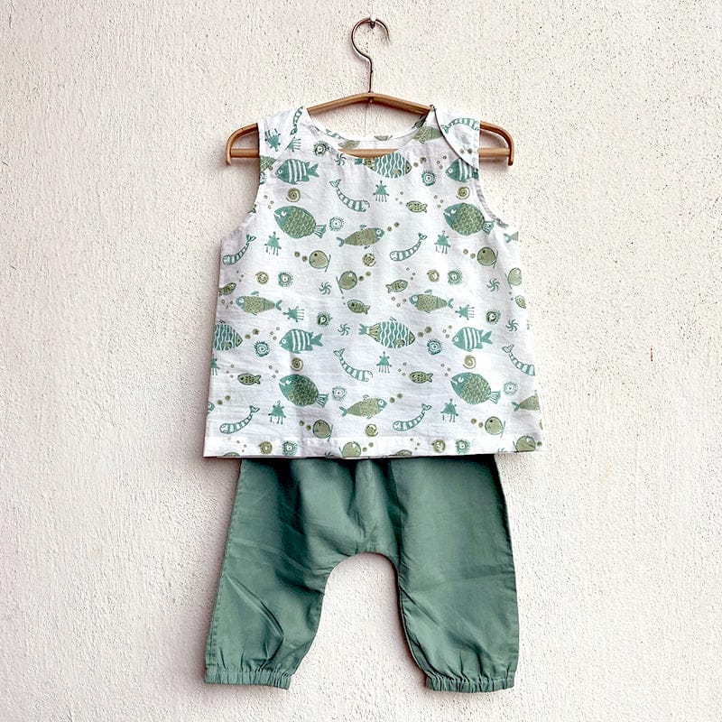 Organic Cotton Unisex Mint Koi Jhabla and Pajama Pants Set