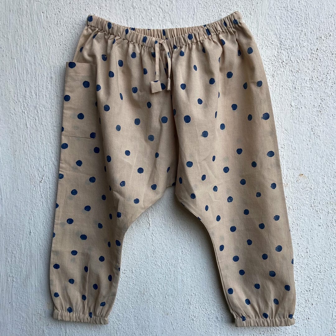 Organic Cotton Unisex Co-ord Set - Indigo Beige Polka Jhabla and Pajama Pants Set