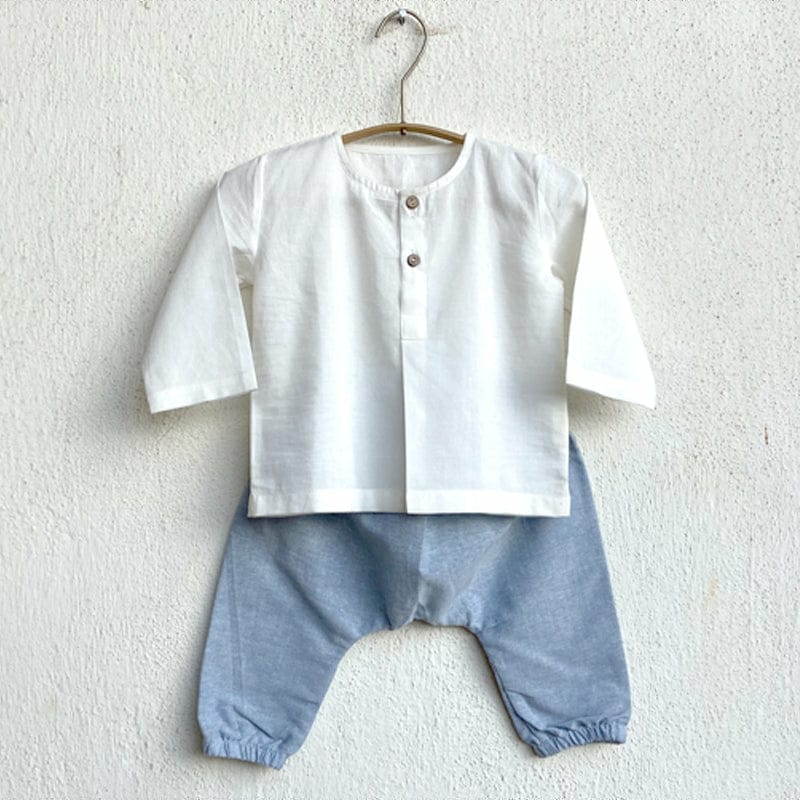 Organic Cotton Unisex Essential White Kurta and Chambray Pyjama Pants set