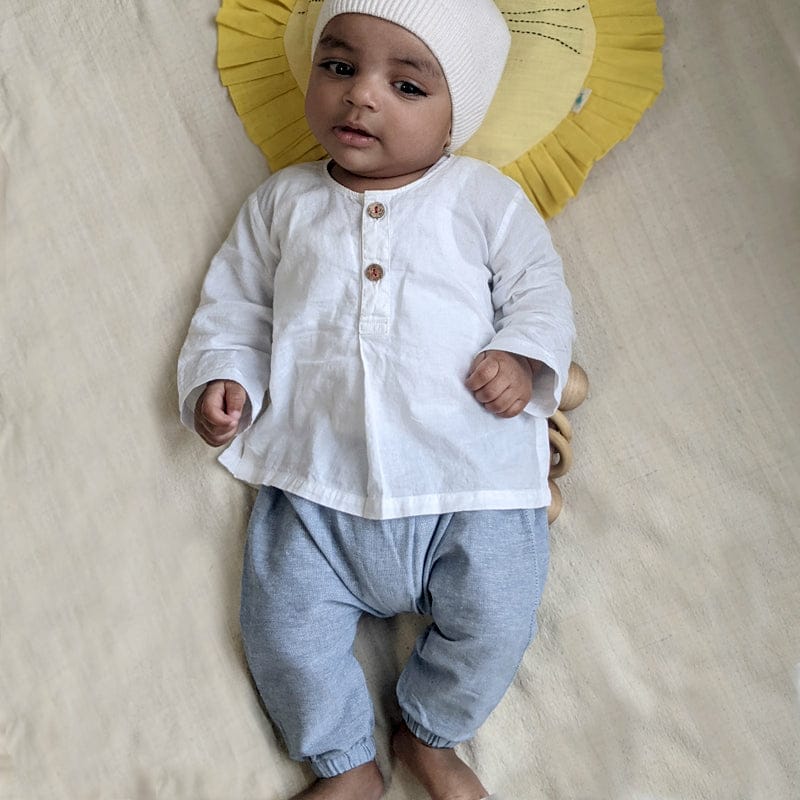 Organic Cotton Unisex Essential White Kurta and Chambray Pyjama Pants set