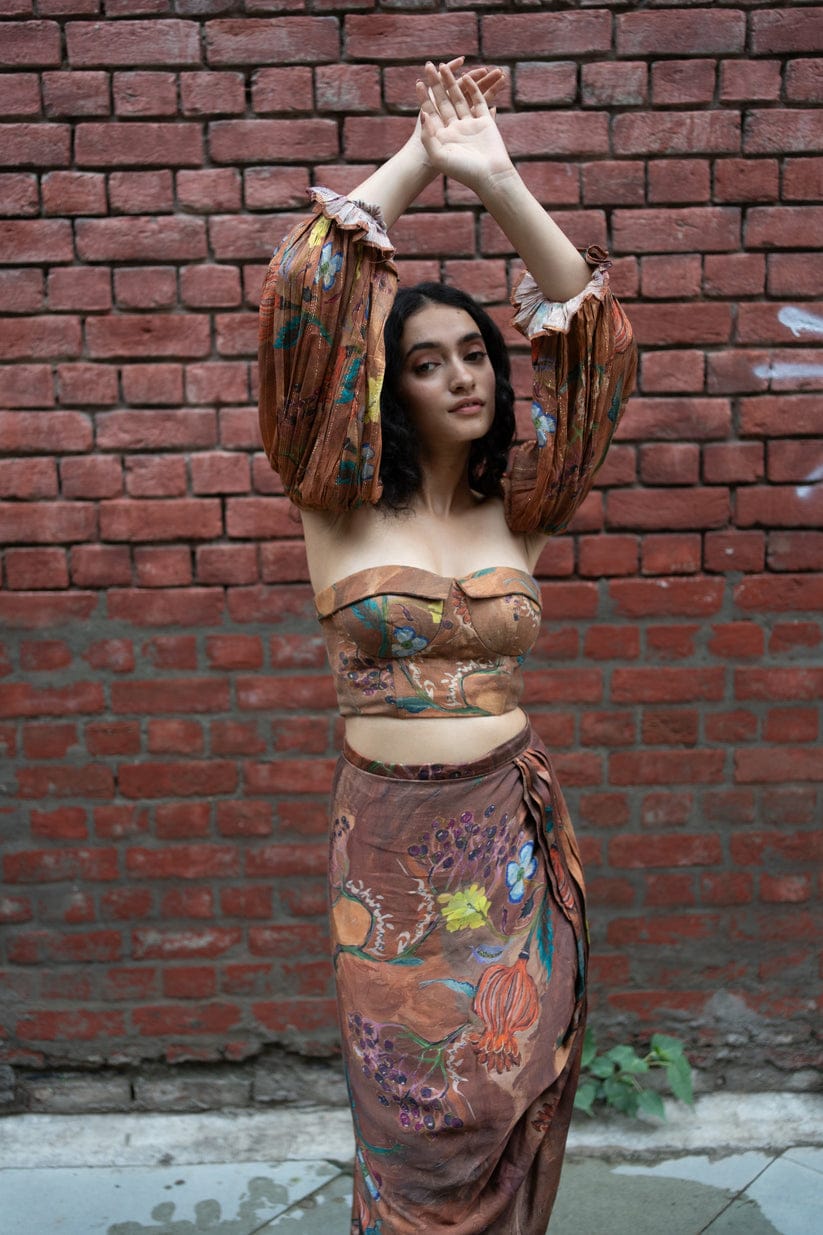 Brown Floral Draped Dhoti Skirt