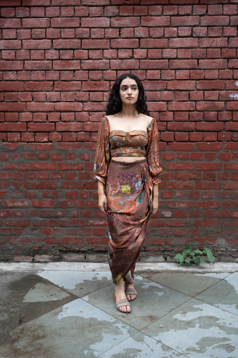 Brown Floral Draped Dhoti Skirt