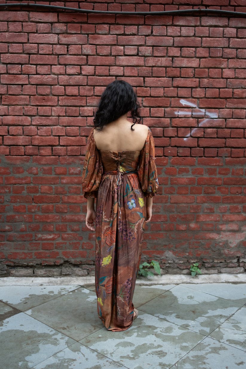 Brown Floral Draped Dhoti Skirt