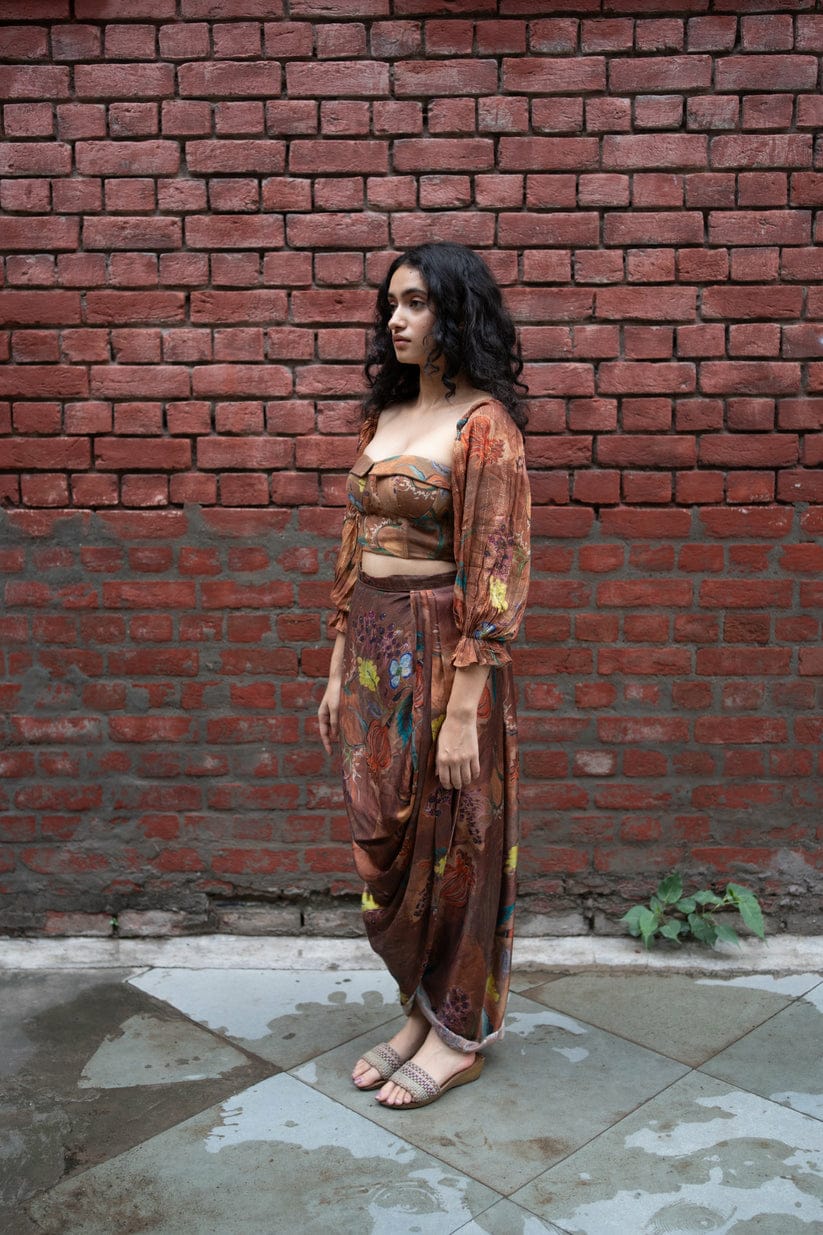 Brown Floral Draped Dhoti Skirt