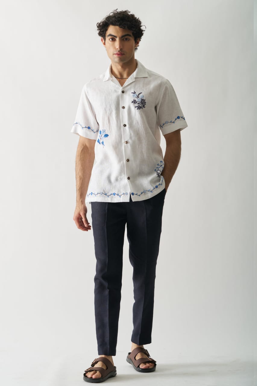 Blossom Cascade - Hand Embroidered Pure Linen Shirt