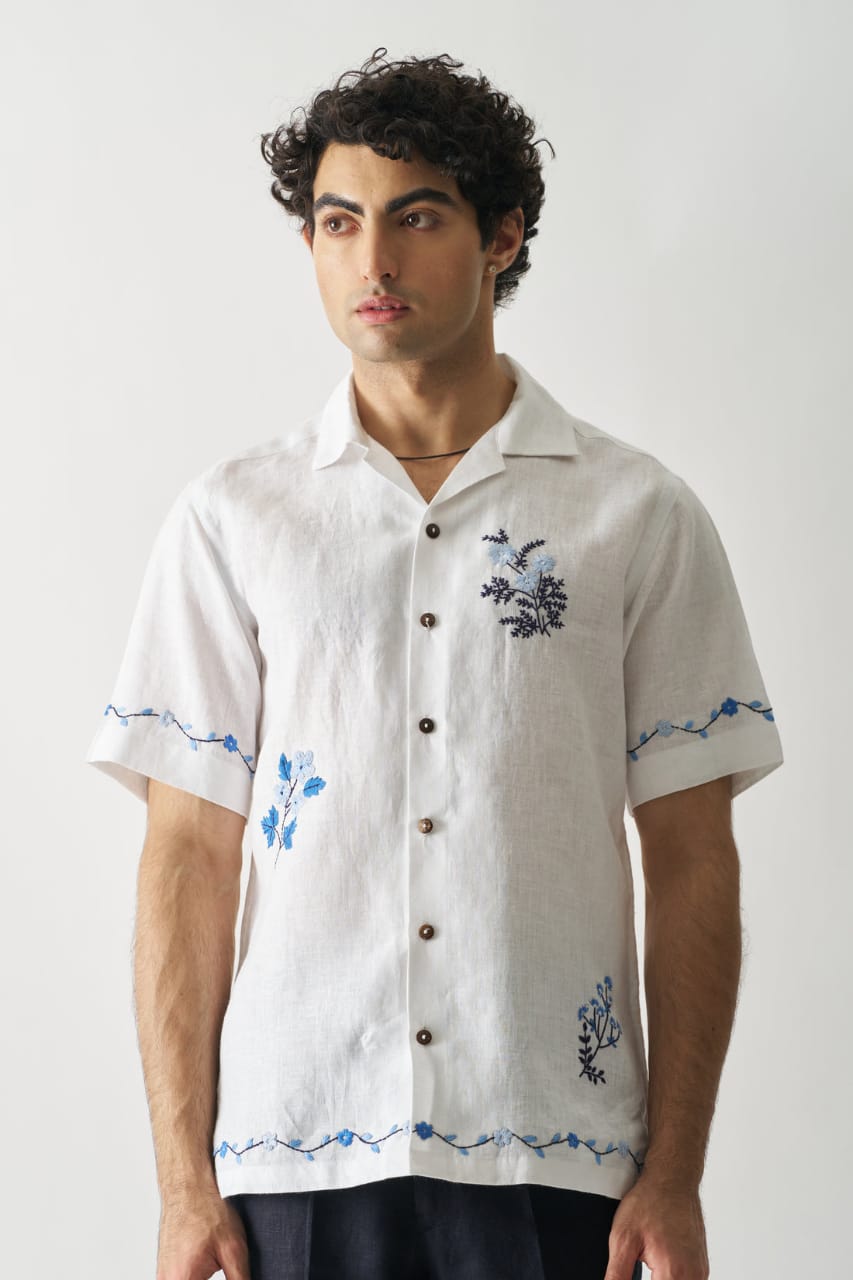 Blossom Cascade - Hand Embroidered Pure Linen Shirt